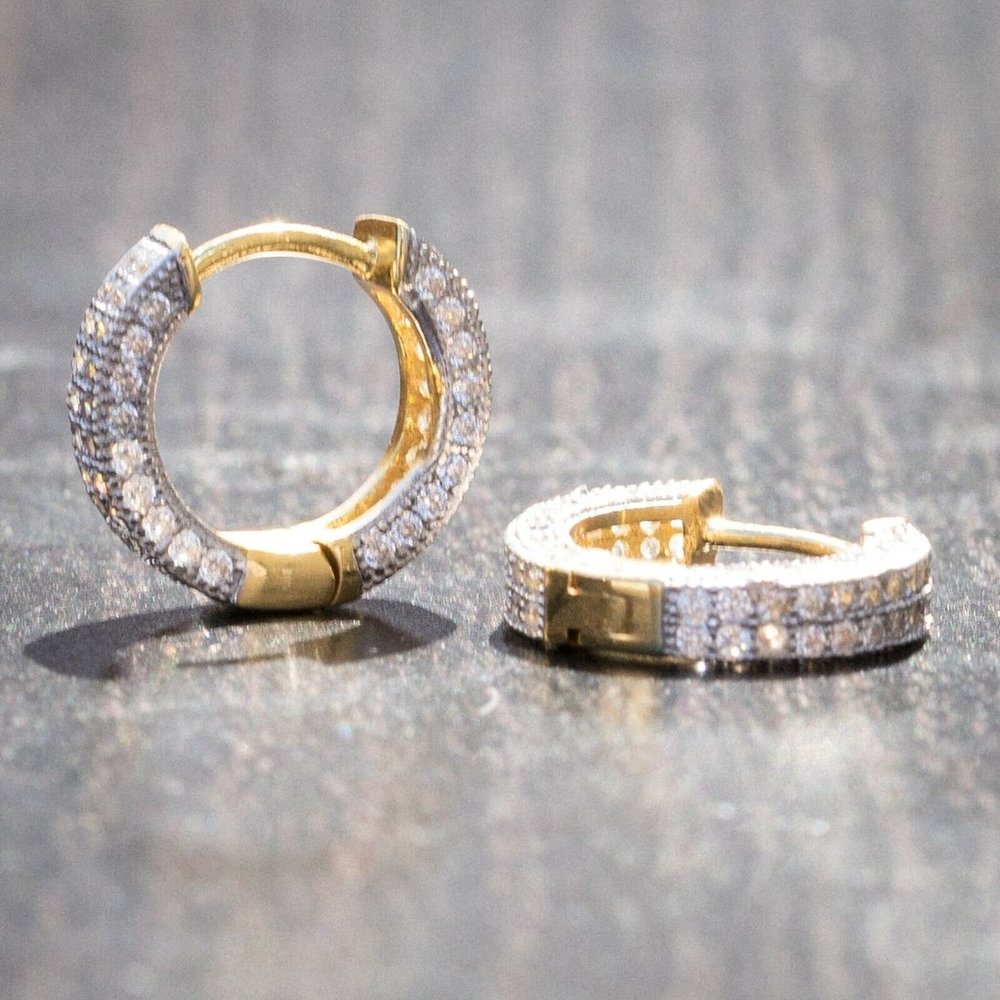 Mens Fully Ice Out 14K Gold Hoop Earrings - Picture 14 of 16